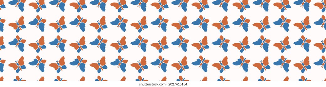 Playful color style cut out butterfly border. Seamless modern scandi lino cut style edging for retro kids trim. Trendy whimsical kid bug stationery header. Repeatable vector stripe.