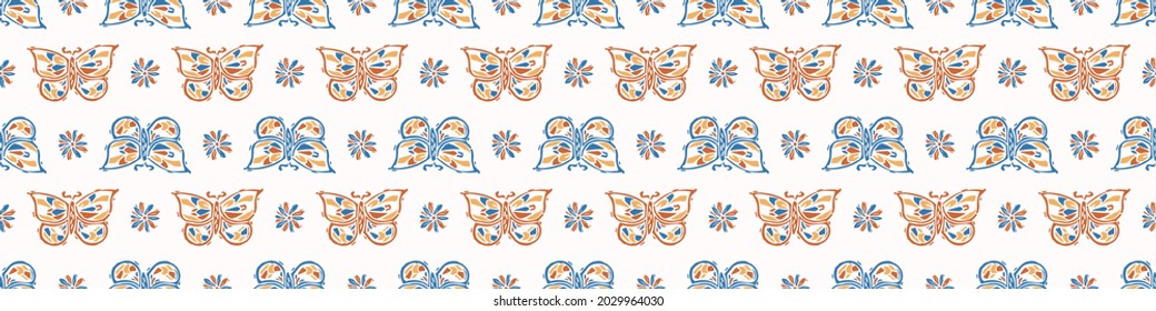 Playful color style cut out butterfly border. Seamless modern scandi lino cut style edging for retro kids trim. Trendy whimsical kid bug stationery header. Repeatable vector stripe.