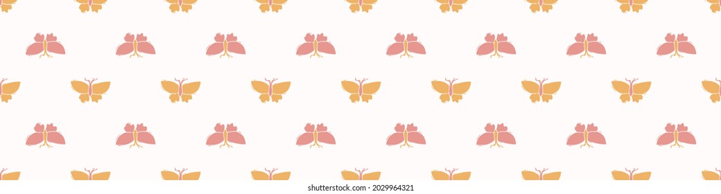 Playful color style cut out butterfly border. Seamless modern scandi lino cut style edging for retro kids trim. Trendy whimsical kid bug stationery header. Repeatable vector stripe.