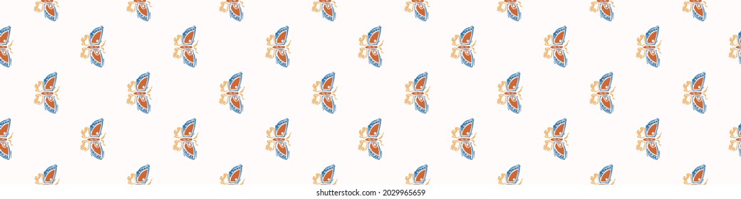 Playful color style cut out butterfly border. Seamless modern scandi lino cut style edging for retro kids trim. Trendy whimsical kid bug stationery header. Repeatable vector stripe.