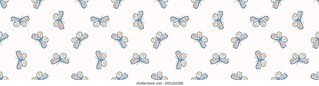 Playful color style cut out butterfly border. Seamless modern scandi lino cut style edging for retro kids trim. Trendy whimsical kid bug stationery header. Repeatable vector stripe.