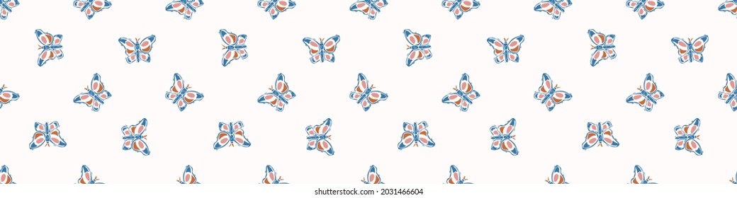 Playful color style cut out butterfly border. Seamless modern scandi lino cut style edging for retro kids trim. Trendy whimsical kid bug stationery header. Repeatable vector stripe.