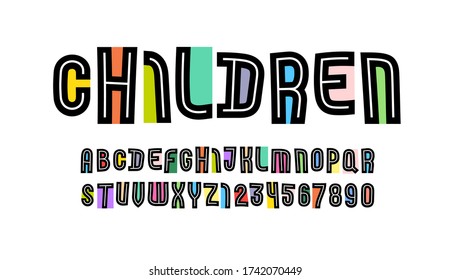 Playful colored font, modern children alphabet, trendy letters and numbers, vector illustration 10EPS