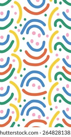 A playful and colorful abstract pattern featuring curved lines in blue, green, yellow, and orange, interspersed with small pink dots on a white background.
