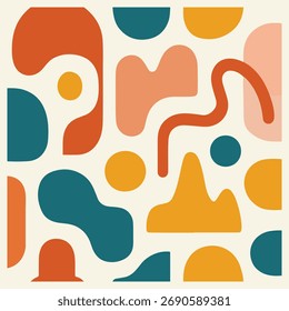 A playful and colorful abstract pattern featuring organic, rounded shapes in warm and cool tones on a cream background.