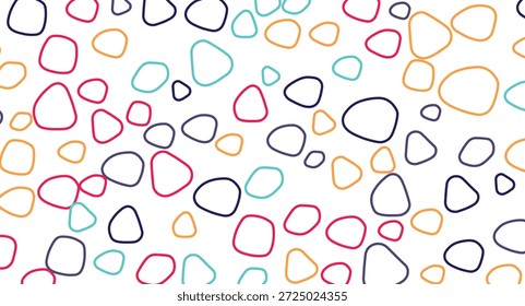 Um divertido e colorido padrão abstrato com contornos em vermelho, laranja, azul escuro e azul escuro. Formas irregulares, arredondadas, semelhantes a seixos são espalhadas aleatoriamente sobre um fundo branco limpo, criando uma textura visual moderna e dinâmica