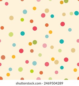 A playful and colorful abstract seamless vector pattern of scattered multi-colored dots mesmerizing bubbles or confetti on a pale background, creating a lively and festive design.