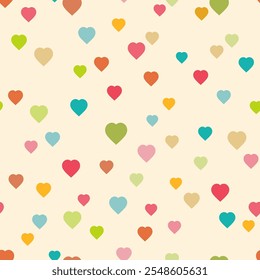 A playful and colorful abstract seamless vector pattern of scattered multi-colored hearts mesmerizing jellies or confetti on a beige background, creating a lively and festive design.