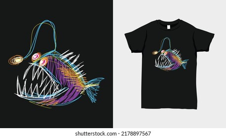 Playful and Colorful Animal Drawing Deep-Sea Fish Tshirt Iluustration