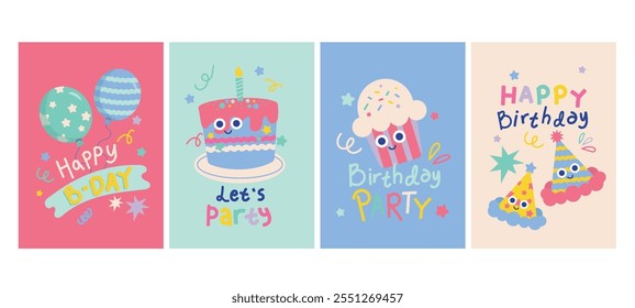 Playful and colorful birthday card pack. Hand drawn illustration about birthday party, holiday, celebration, anniversary. Greeting card template.