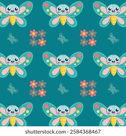 Playful, Colorful Butterflies and Flowers Pattern on Teal Background