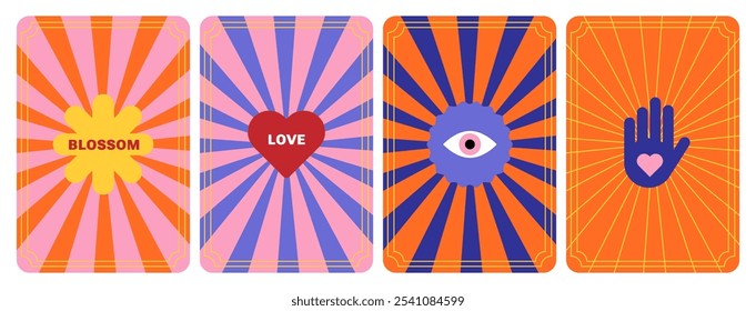 Playful Colorful Cards with Hearts, eye, hand. Mystical Tarot cards vibe. Simple shapes, gambling. Sunburst Background, love mood. Magic Design elements for collage. Fantastical vibrant aesthetics