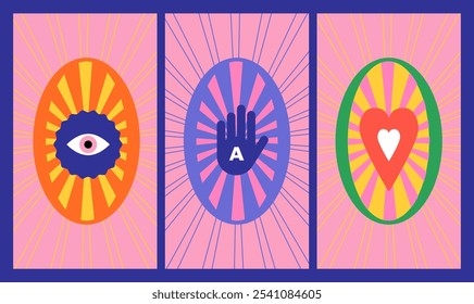 Playful Colorful Cards with Hearts, eye, hand. Mystical Tarot cards vibe. Simple shapes, gambling. Sunburst Background, love mood. Magic Design elements for collage. Fantastical vibrant aesthetics