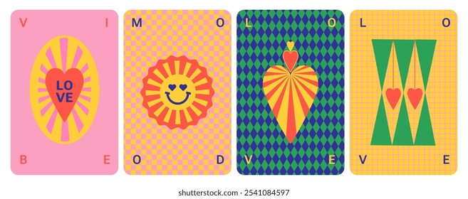 Cartas coloridas brincalhonas com corações. Cartas de tarô místico vibram. Formas simples, jogos de azar. Padrões geométricos engraçados. Emoji, o humor do amor. Elementos Magic Design para colagem. Fantástica estética vibrante