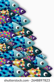 Playful and colorful cartoon fish swimming in a dynamic diagonal composition. Bright multicolored scales with whimsical details create a cheerful ocean scene perfect for children’s designs.