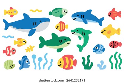 Playful Colorful Cartoon Marine Animals vector on White Background