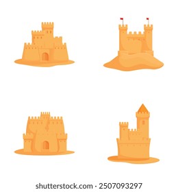 Playful and colorful cartoon sand castle collection with towers, turrets, and walls, perfect for summer beach vacation and childhood leisure activities