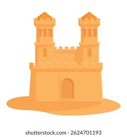 Playful and colorful cartoon sandcastle illustration on the beach, perfect for summer vacation and children's creativity, featuring a simple, flat design and whimsical artwork
