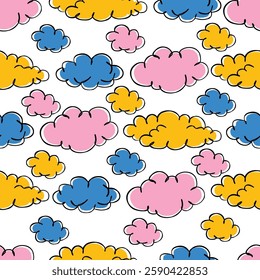 Playful Colorful Clouds Seamless Pattern - Cute Sky Backgrund For Kids, Fabric, and Wrapping Paper