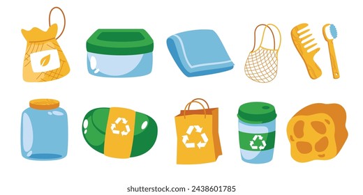 A playful and colorful collection of icons geared towards sustainable living, including a reusable tea bag, container, cloth, and more, ideal for eco-friendly messaging