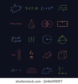 Uma coleção divertida e colorida de símbolos matemáticos em estilos 3D planos e rabiscados. Inclui sinais de álgebra, ícones aritméticos, equações, mais símbolos de divisão de menos e vários elementos infográficos