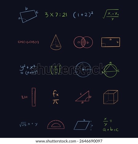 A playful and colorful collection of mathematical symbols in flat and doodle 3D styles. Includes algebra signs, arithmetic icons, equations, plus minus division symbols, and various infographic elemen
