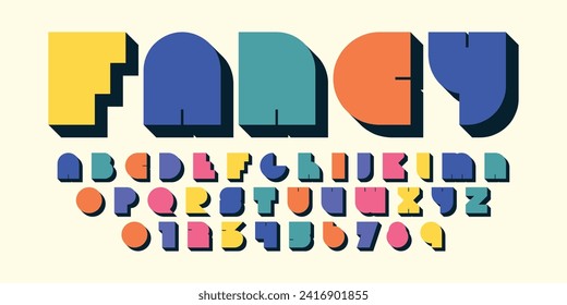 Playful colorful font design, childish alphabet letters and numbers vector illustration