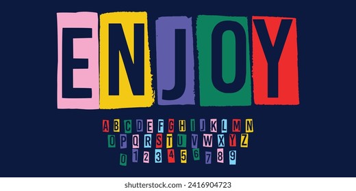 Playful colorful font design, childish alphabet letters and numbers vector illustration