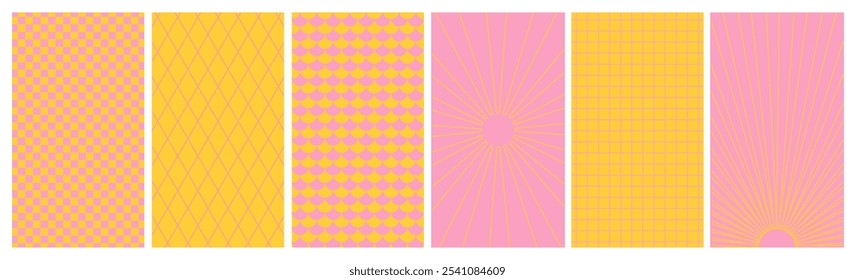 Playful Colorful Geometry prints for mobile. Checkered print, rhombus pattern. Mystical Tarot cards vibe. Simple Sunburst Background, Magic Design elements. Fantastical vibrant aesthetics