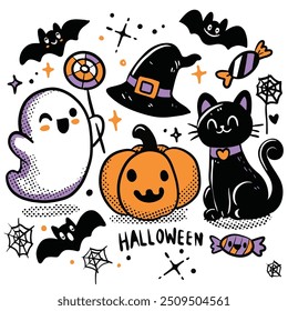 Playful and colorful Halloween doodle featuring a ghost, black cat, pumpkin, witch hat, bats, candy, and cobwebs in a cute style.
