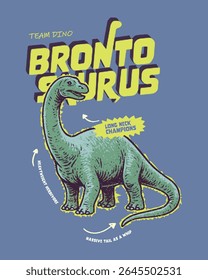 A playful and colorful illustration of a Brontosaurus with bold yellow typography reading "BRONTOSAURUS" and supportive labels like "Heavyweight Herbivore" and "Massive Tail as a Whip".