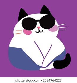 A playful and colorful illustration of a chubby cat wearing stylish sunglasses. The cat has a white body with a blue section and is set against a vibrant purple background.