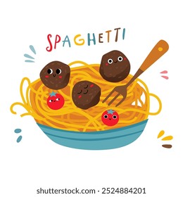 Spielerische und farbenfrohe Illustration mit einer Schüssel Spaghetti mit Fleischbällen und Tomaten. Die Spaghetti sind in hellgelber Farbe dargestellt, während die Schale hellblau ist. Die Fleischbällchen und der Tomat