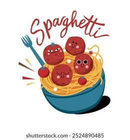 Spielerische und farbenfrohe Illustration mit einer Schüssel Spaghetti mit Fleischbällen und Tomaten. Die Spaghetti sind in hellgelber Farbe dargestellt, während die Schale hellblau ist. Die Fleischbällchen und der Tomat