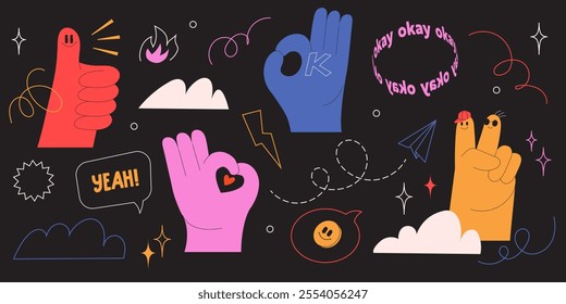 Playful colorful illustration featuring hand gestures, speech bubbles, and fun elements. Thumb-up, okay sign, emoji, expressive details. Modern communication concepts.