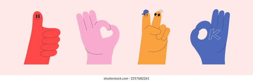 Playful colorful illustration featuring hand gestures. Thumb-up, okay sign, emoji, expressive details. Modern communication concepts.