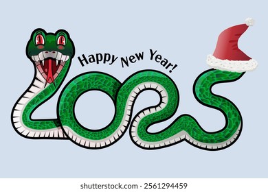 A playful and colorful New Year illustration featuring a green snake forming the shape of the numbers twenty twenty-five with its body. The snake has a cheerful expression, red eyes, and its tongue st