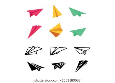 Playful colorful paper plane vector graphics for kids, Unique origami airplane designs in vivid colors, Eye-catching paper plane icon collection for web design