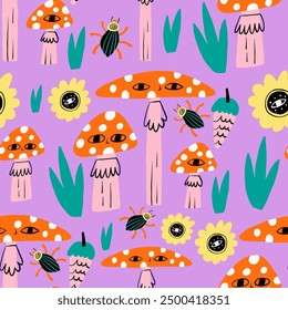 A playful, colorful pattern featuring abstract mushrooms, flowers, and bugs on a purple background. Perfect for summer, nature, and whimsical designs