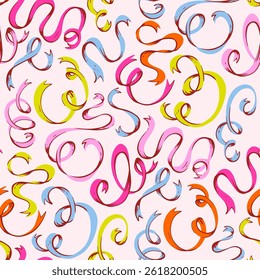 Fita Colorida Brincalhante Padrão Sem Costura. Vibrant Mão-Drawn Doodle Curls em cores negrito. Projeto divertido para crianças perfeito para convites, papel de embrulho, impressões de moda, projetos criativos alegres.