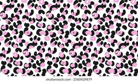 Playful colorful seamless leopard pattern with vibrant pink and black spots on a white background. Vector bold and modern design animal print perfect for textiles, fashion, digital art