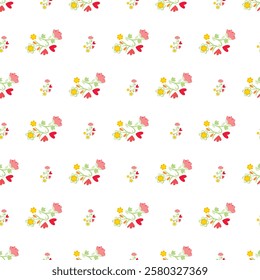 A playful and colorful seamless pattern featuring delicate pink and yellow flowers with leafy accents on a white backdrop, suitable for textiles, wallpapers, and decorative products.