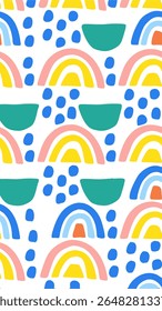 A playful and colorful seamless pattern featuring abstract shapes like rainbows, dots, and curved elements in a cheerful palette of pink, yellow, blue, and teal on a white background.