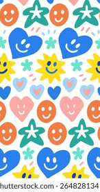 A playful and colorful seamless pattern featuring abstract shapes like smiley faces, hearts, stars, and flowers in a bright, cheerful palette on a white background.