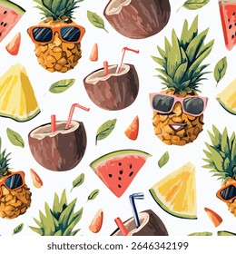 Playful and colorful seamless summer pattern featuring pineapple, watermelon, and coconut in a tropical vector style. Ideal for packaging, fabric, digital paper, and seasonal product designs.