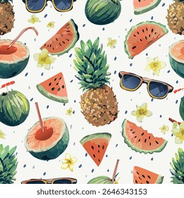 Playful and colorful seamless summer pattern featuring pineapple, watermelon, and coconut in a tropical vector style. Ideal for packaging, fabric, digital paper, and seasonal product designs.