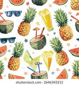 Playful and colorful seamless summer pattern featuring pineapple, watermelon, and coconut in a tropical vector style. Ideal for packaging, fabric, digital paper, and seasonal product designs.