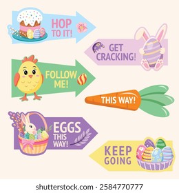 A playful and colorful set of directional signs for an Easter egg hunt event, featuring fun messages like "Follow Me!", "This Way!", and "Eggs This Way!" with festive elements such as bunnies, eggs