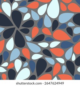 A playful, colorful teardrop pattern in orange, navy, pale blue, and white over gray. Perfect for textiles, wrapping paper, or digital design with vintage flair.