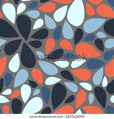 A playful, colorful teardrop pattern in orange, navy, pale blue, and white over gray. Perfect for textiles, wrapping paper, or digital design with vintage flair.